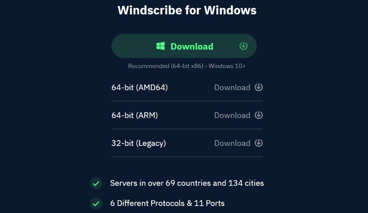 Chọn Windscribe for Windows để tải về máy tính 